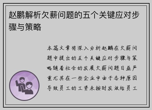 赵鹏解析欠薪问题的五个关键应对步骤与策略