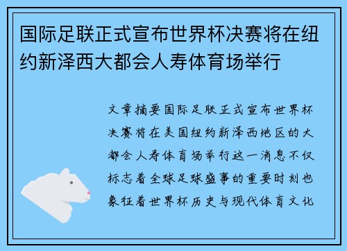 国际足联正式宣布世界杯决赛将在纽约新泽西大都会人寿体育场举行