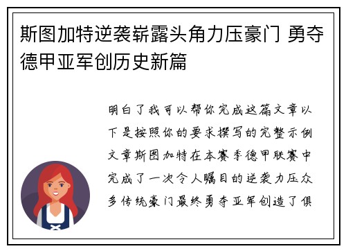 斯图加特逆袭崭露头角力压豪门 勇夺德甲亚军创历史新篇